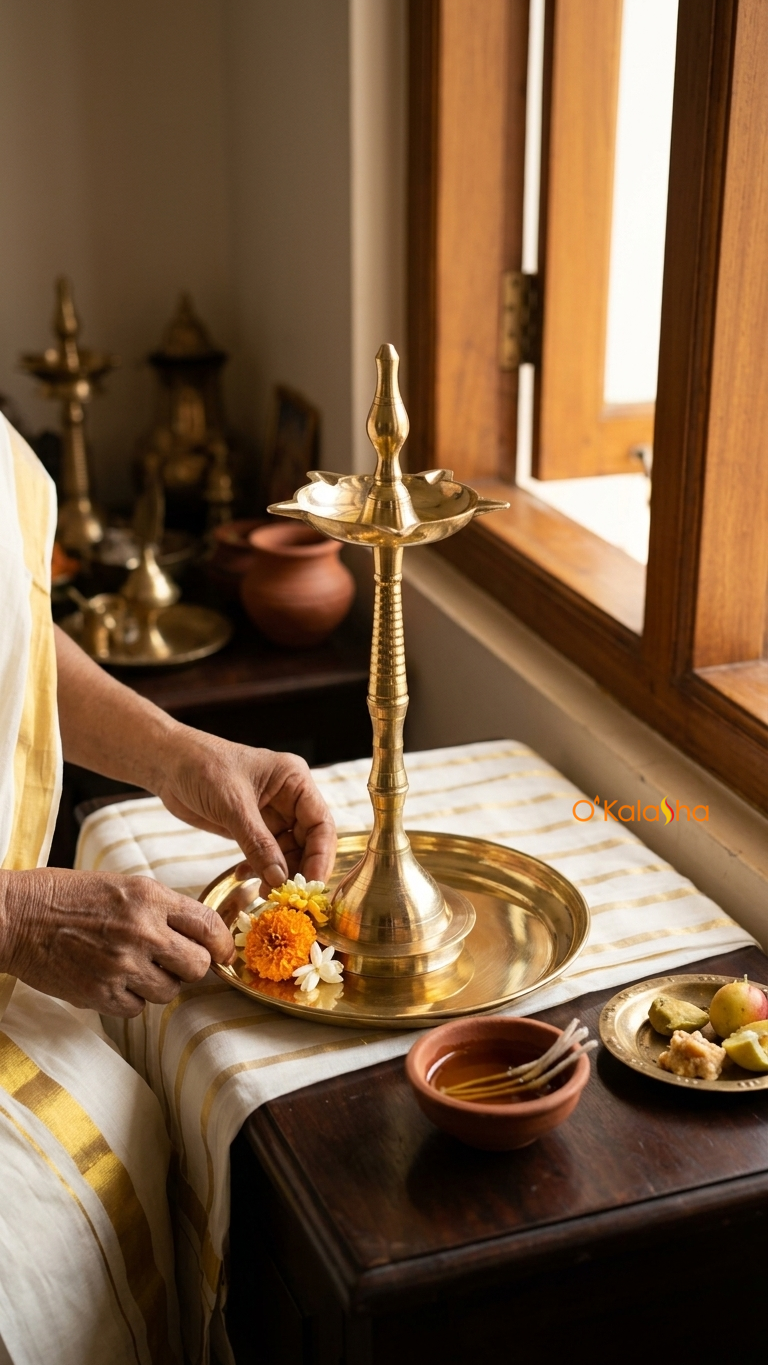 O'Kalasha Pure Brass Nilavilakku and Thalam Combo Set - Traditional Kerala Brass Lamp with 7-Inch Plate